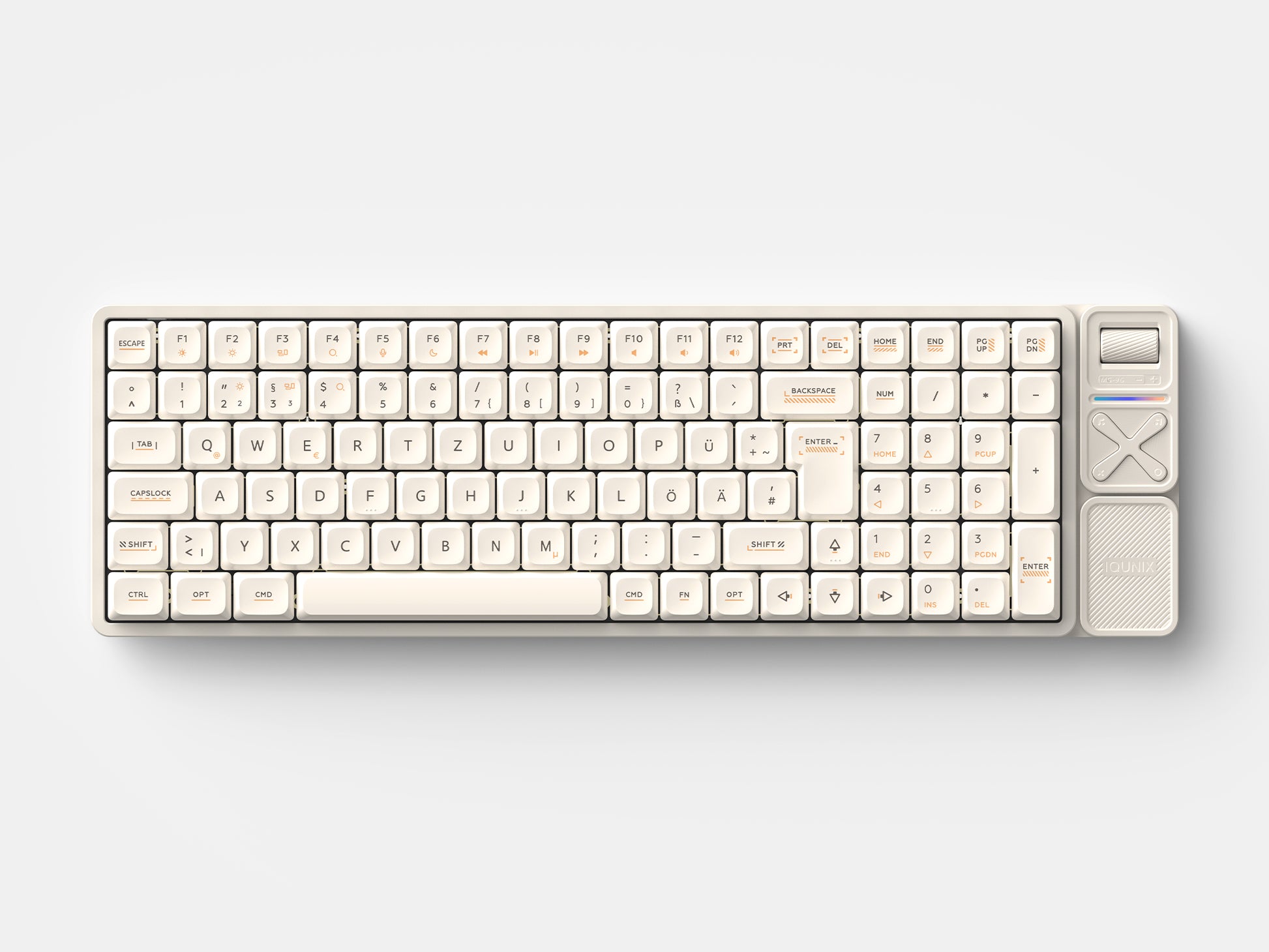 ISO 配列 DE German 键盘 layout, compact full-size 96% 键盘 with media keys